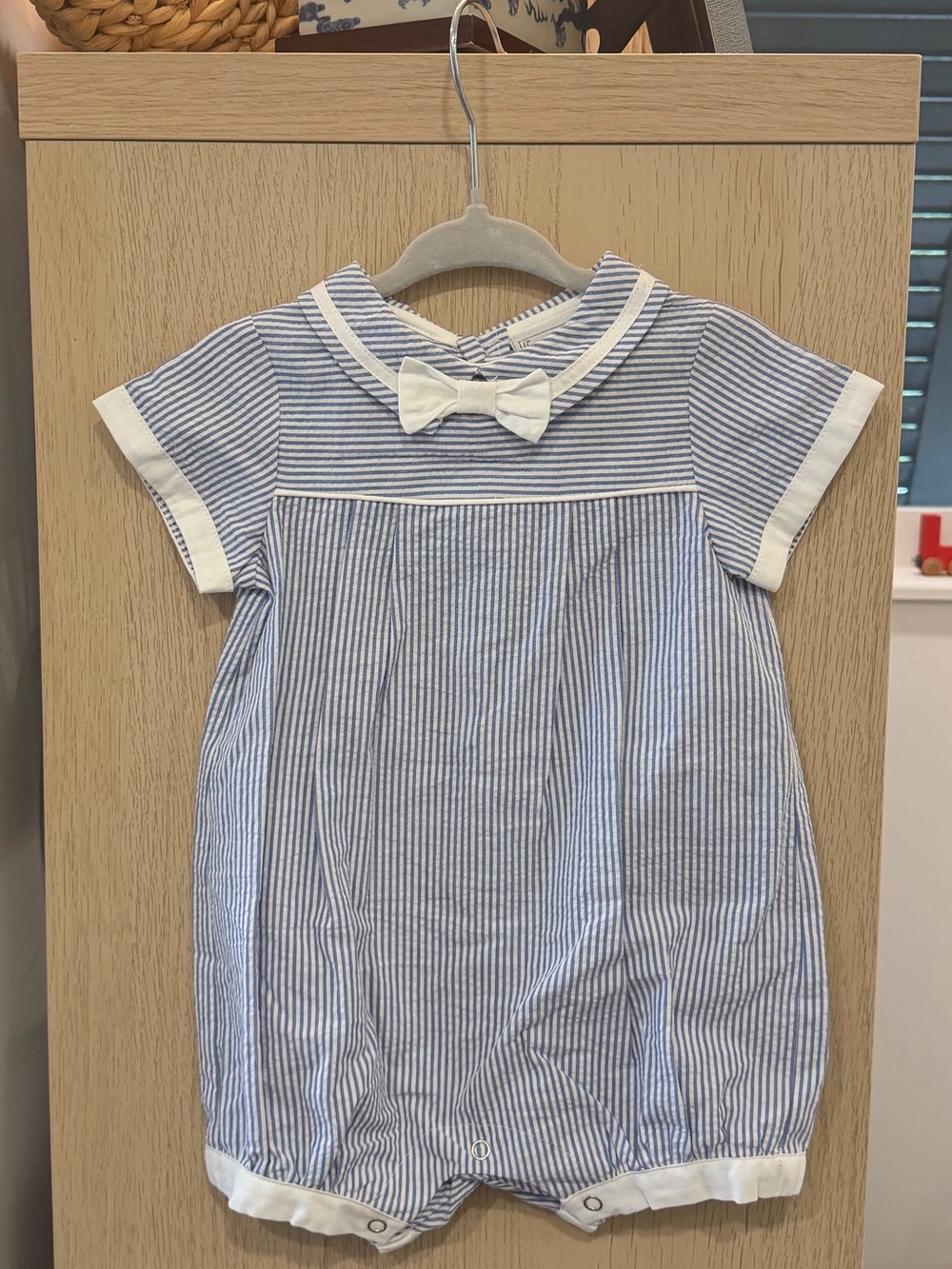 NWT Blue & White Striped Baby Bubble Romper with Bow Collar